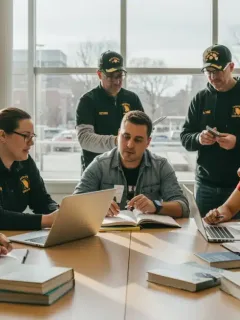 Veterans studying together in a library, discussing education benefits