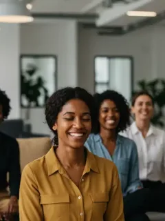 Employees engaged in a mindfulness session, promoting mental well-being in a modern office.