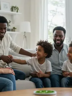 Happy family with two young children in a well-lit living room, representing childcare support.