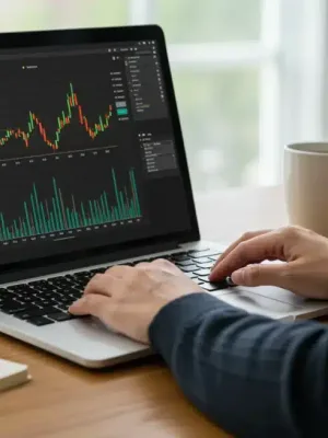 Financial professional analyzing 401(k) contribution data on a laptop, planning for 2026 retirement savings.