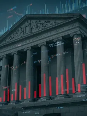 Federal Reserve building with upward trending economic graphs, symbolizing interest rate forecast for 2026.