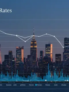 Graph illustrating US unemployment rate trends over three months in early 2026, with a city skyline.