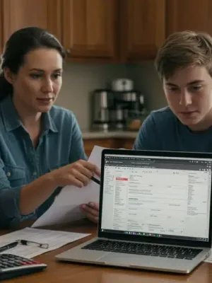 Family reviewing 2026 FAFSA changes on a laptop for financial aid planning.