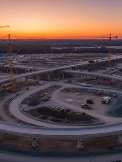 Partially completed highway interchange at dusk, symbolizing US infrastructure project delays.