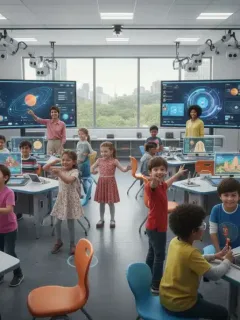 Diverse students and teachers in a modern classroom, representing the future of US education.
