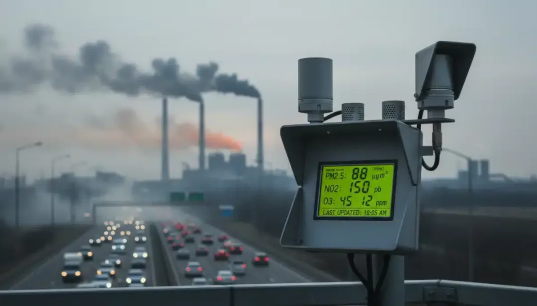 Air quality monitoring station measuring pollutants near an industrial area
