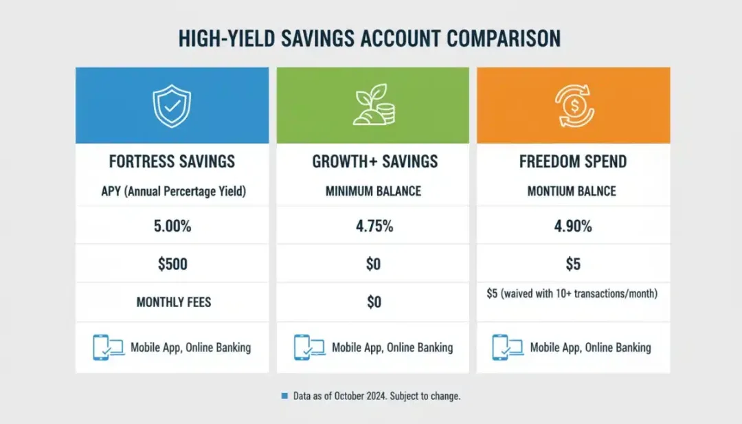 Infographic comparing annual percentage yield, fees, and minimums for top high-yield savings accounts.