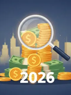 Illustration of stacked gold coins and a magnifying glass, representing high-yield savings accounts in 2026.