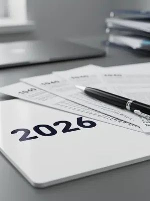 Calendar marked 2026 with tax forms and pen, representing upcoming IRS tax changes.