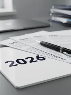 Calendar marked 2026 with tax forms and pen, representing upcoming IRS tax changes.