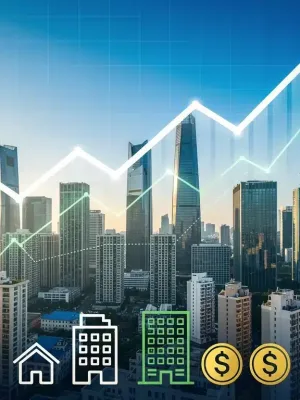 Real Estate Market Outlook 2026: cityscape with growth graph and investment symbols