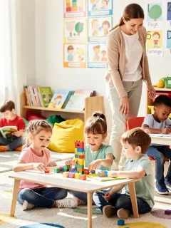 Children learning and playing in a modern early childhood education classroom
