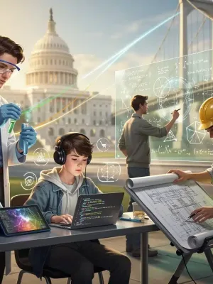 Diverse students engaged in STEM activities, symbolizing federal investment in education.