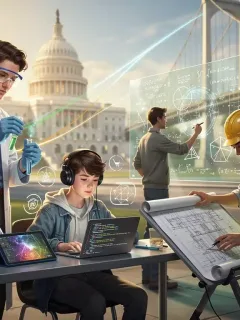 Diverse students engaged in STEM activities, symbolizing federal investment in education.