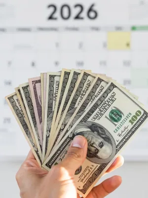 Hand holding dollar bills with 2026 calendar, representing increased SSI benefits.