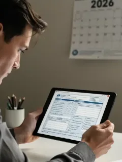 Woman reviewing disability benefits application form on tablet, 2026 calendar visible.