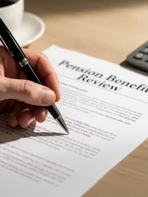 Hand reviewing 'Pension Benefits 2026 Review' document with calculator