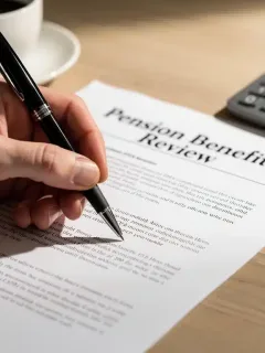 Hand reviewing 'Pension Benefits 2026 Review' document with calculator
