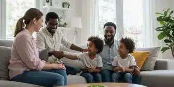 Happy family with two young children in a well-lit living room, representing childcare support.