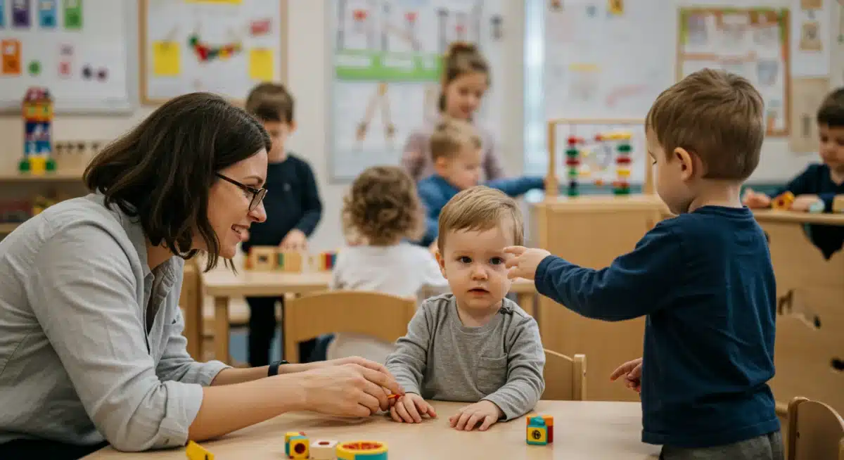 Parent and child at a modern daycare facility, highlighting quality childcare services.