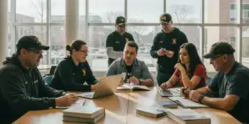 Veterans studying together in a library, discussing education benefits