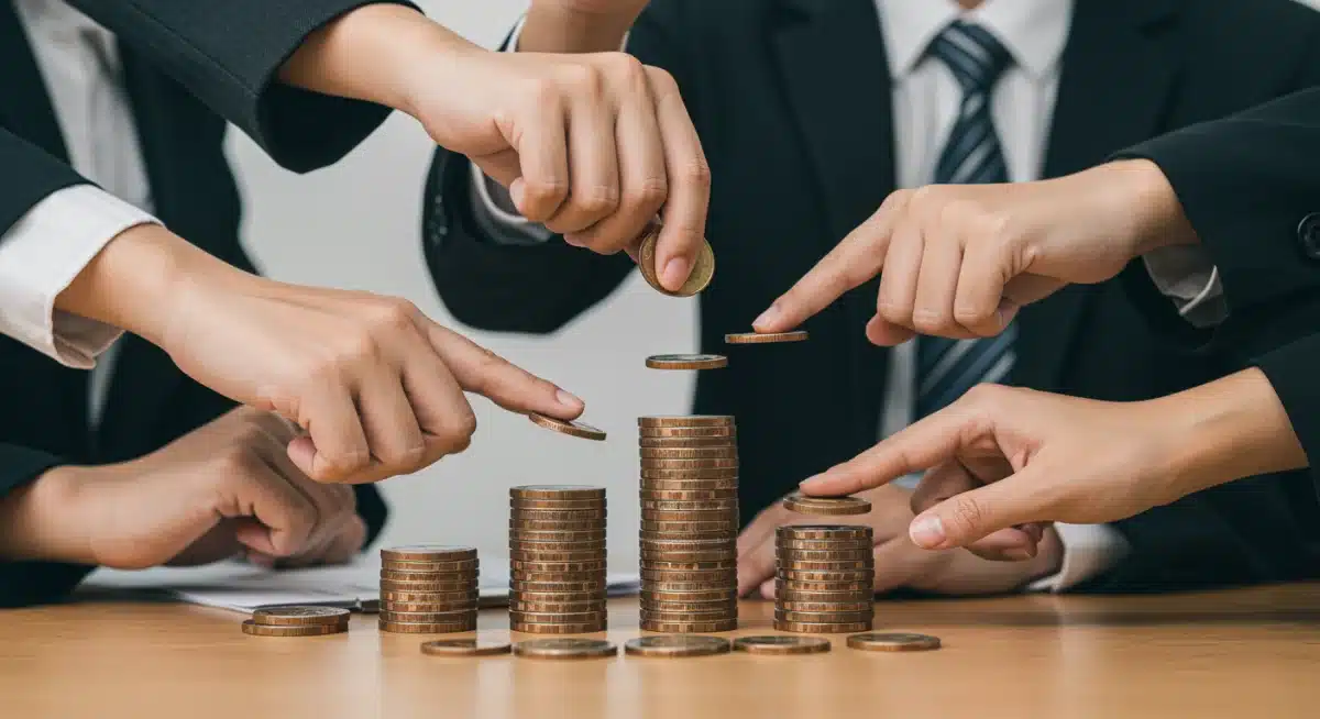 Diverse hands building a financial foundation together