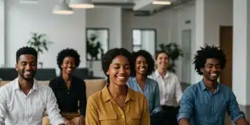 Employees engaged in a mindfulness session, promoting mental well-being in a modern office.