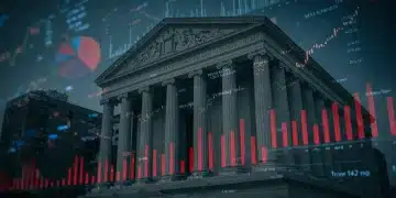 Federal Reserve building with upward trending economic graphs, symbolizing interest rate forecast for 2026.