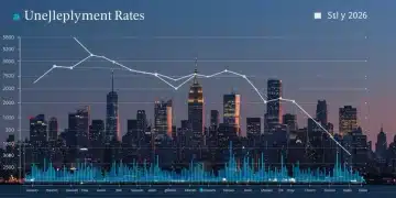 Graph illustrating US unemployment rate trends over three months in early 2026, with a city skyline.