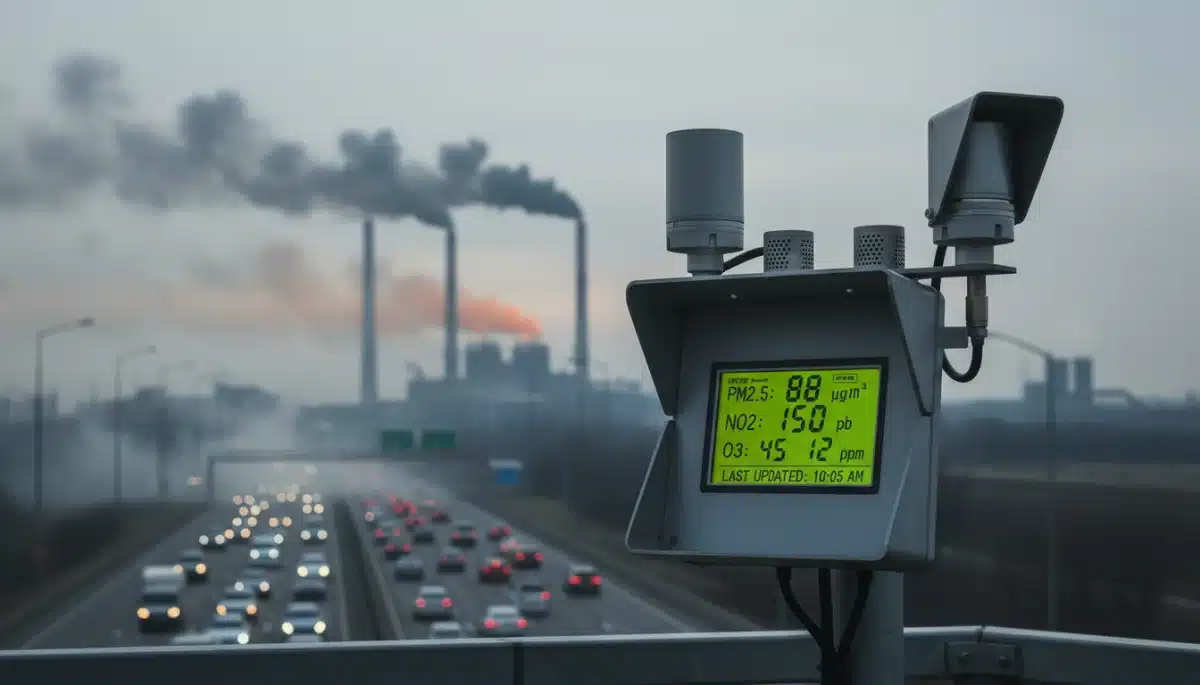 Air quality monitoring station measuring pollutants near an industrial area