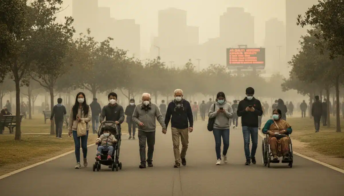 People wearing face masks in an urban park due to poor air quality concerns
