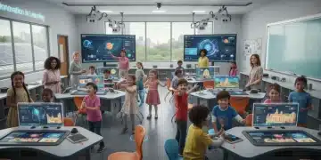 Diverse students and teachers in a modern classroom, representing the future of US education.