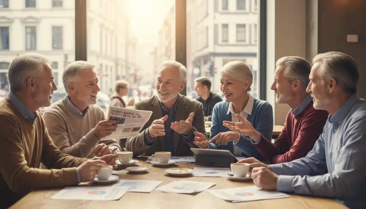 Group of diverse retirees discussing pension plan updates over coffee