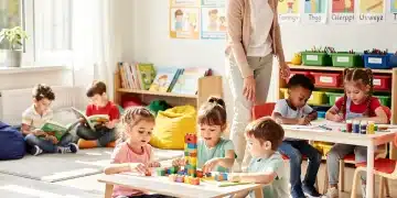 Children learning and playing in a modern early childhood education classroom