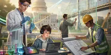Diverse students engaged in STEM activities, symbolizing federal investment in education.