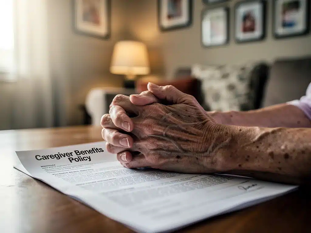 Hands of elderly person and caregiver over policy document