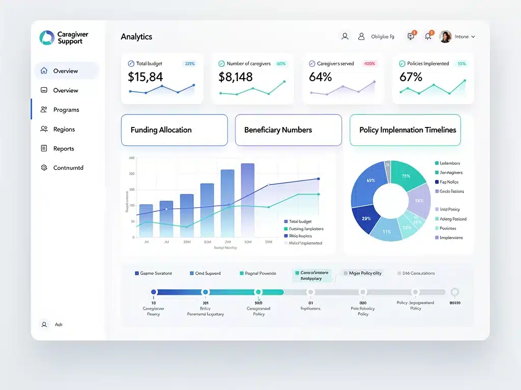 Digital dashboard showing caregiver support program metrics