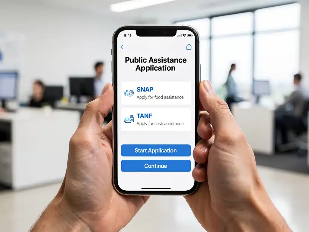 Hands using a smartphone to access SNAP and TANF benefit applications.