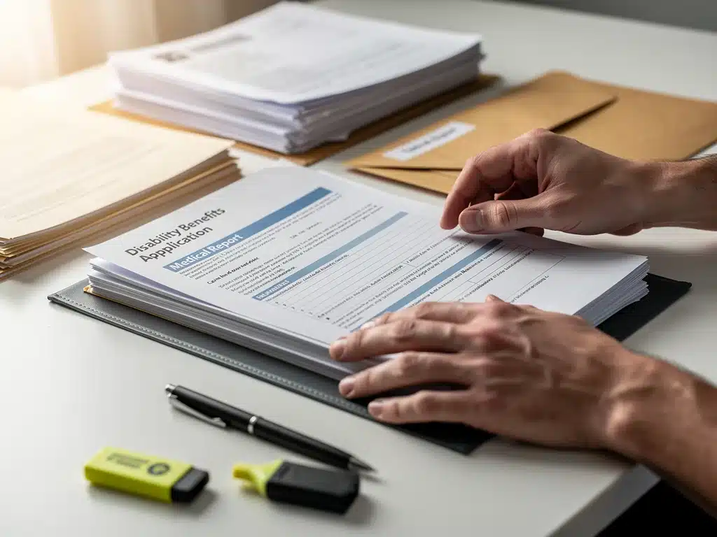 Hands organizing medical documents for disability application.