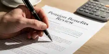 Hand reviewing 'Pension Benefits 2026 Review' document with calculator